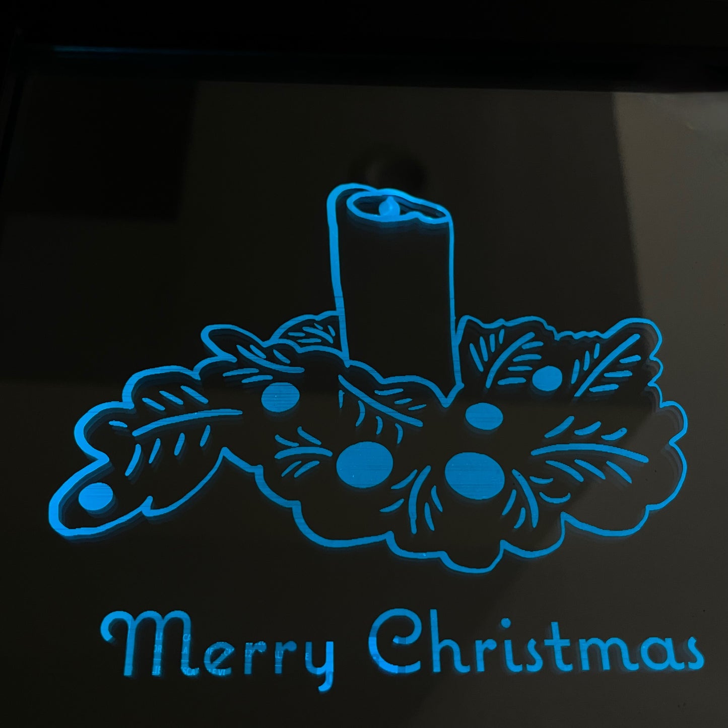 Merry Christmas Candle Mirror Engraving Illuminated in blue