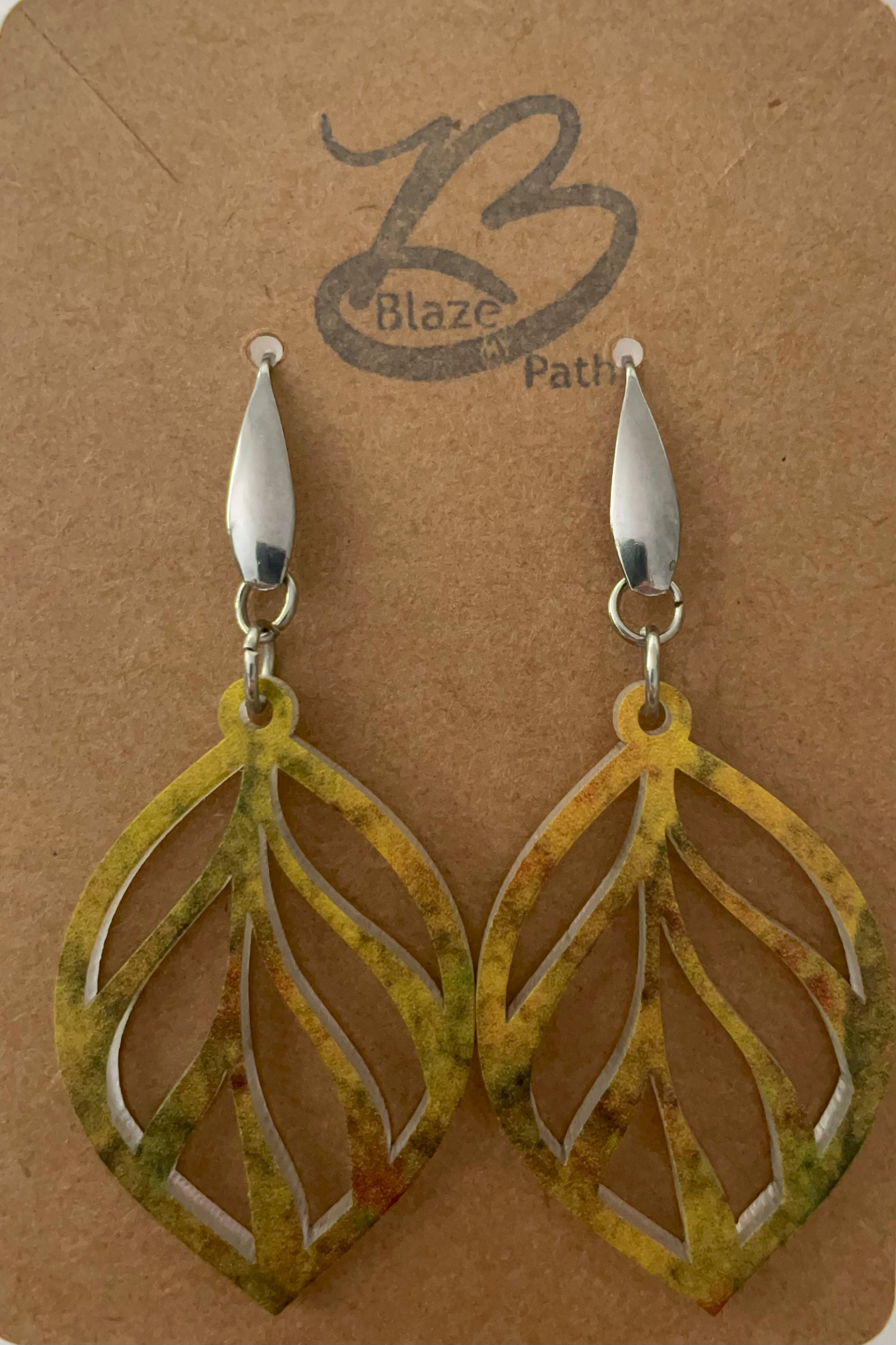 yellow-green acrylic laser cut leaf pattern dangle earrings on stainless steel ear wires with teardrop feature