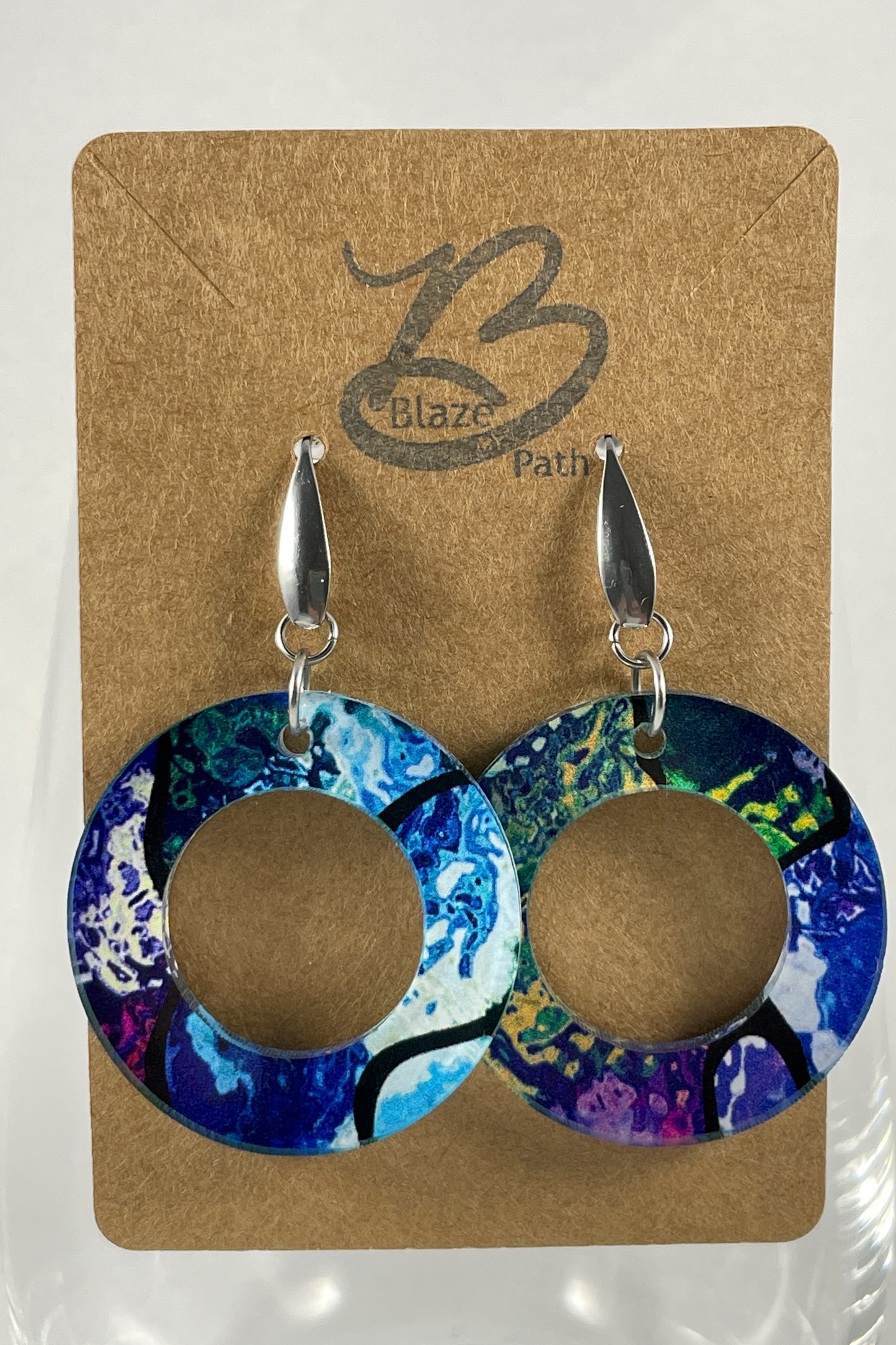 Abstract multicolor chunky round acrylic dangle earrings on stainless steel ear wires with teardrop accent