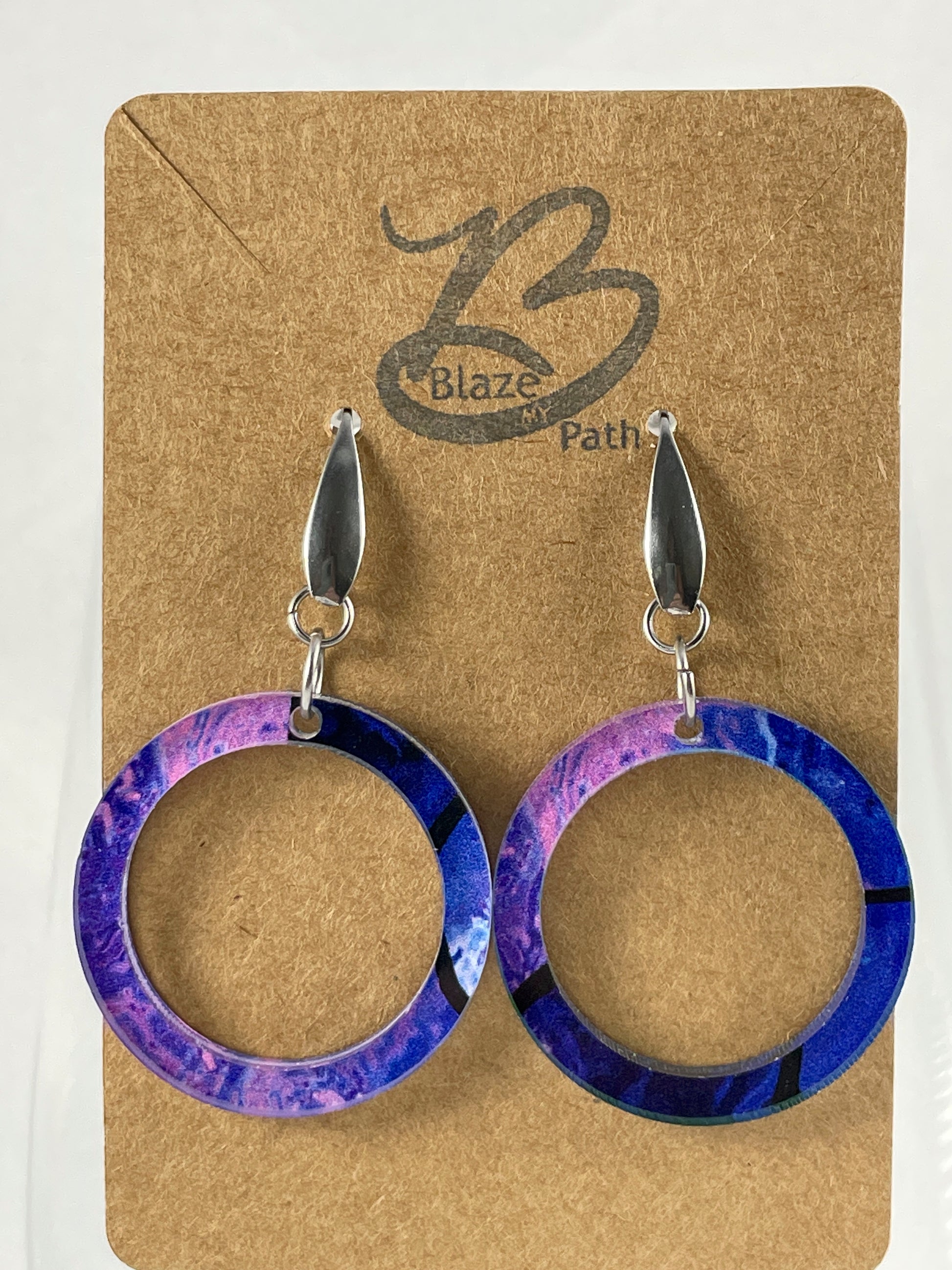 Abstract purple round dangle acrylic earrings on stainless steel ear wires with teardrop accent