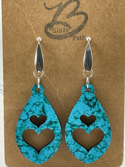 Turquoise acrylic teardrop heart earrings with stainless steel ear wires with teardrop accent