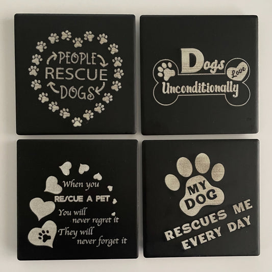 Black square ceramic coaster set laser engraved with dog rescue themed designs