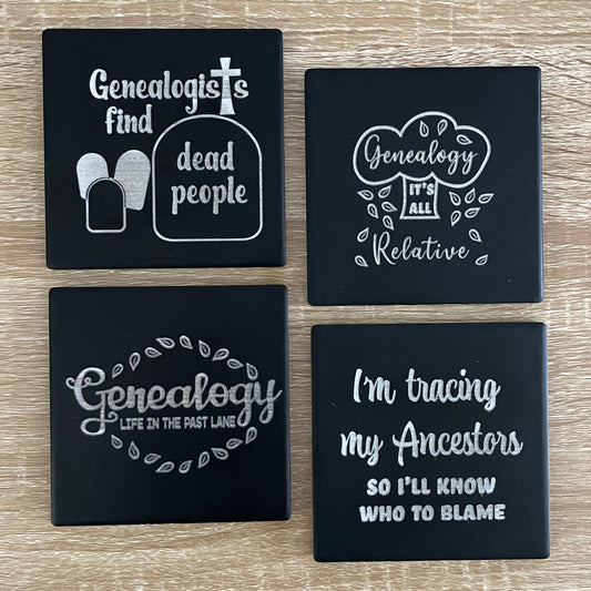 Black Ceramic Square Genealogy Coaster Set engraved with genealogy phrases