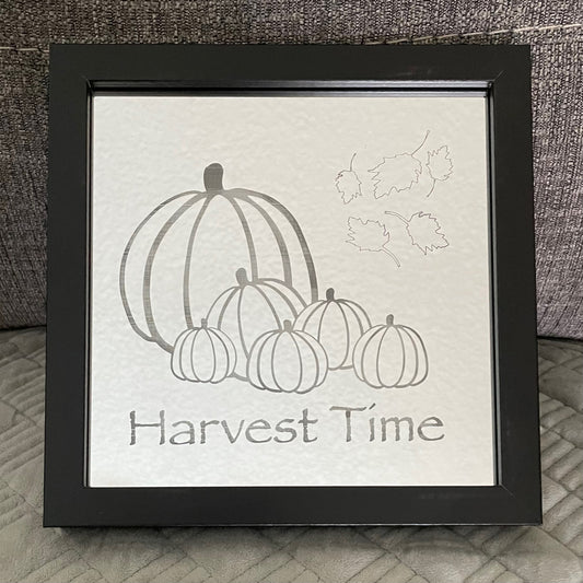 Harvest Time Pumpkins engraved on mirror in black square shadow box frame