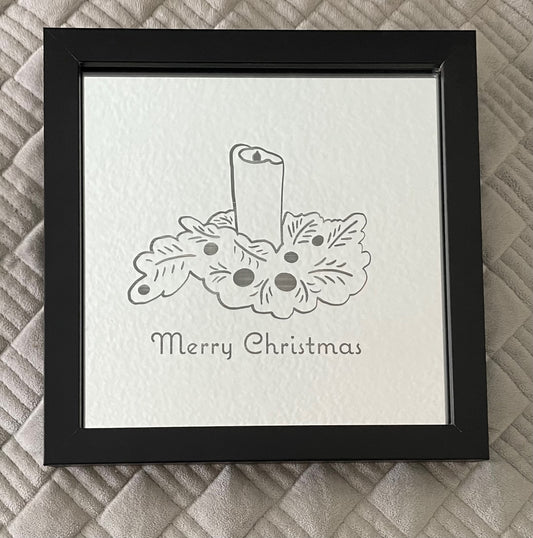 Square mirror in black shadow box frame engraved with Merry Christmas and Christmas candle